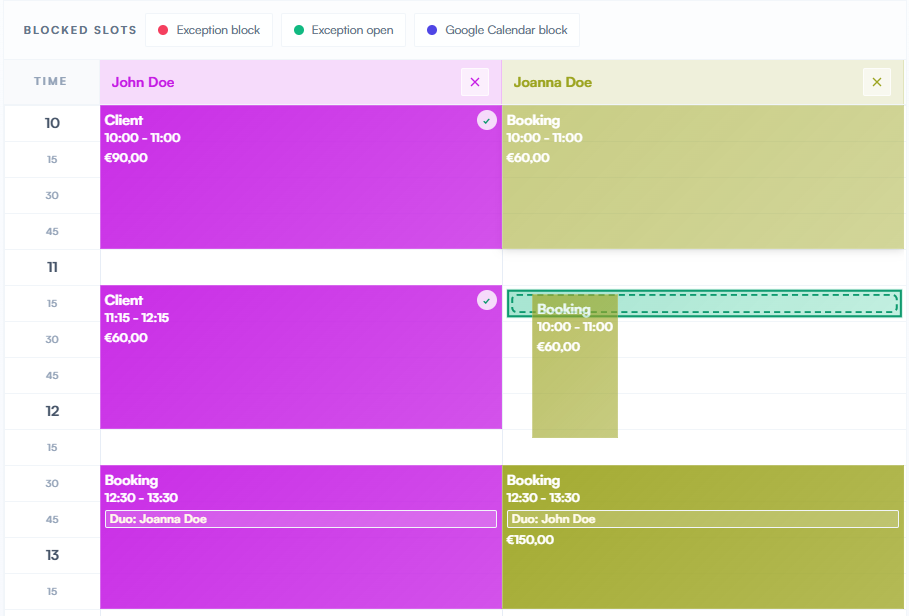 Detailed Resevu day calendar with bookings for two employees