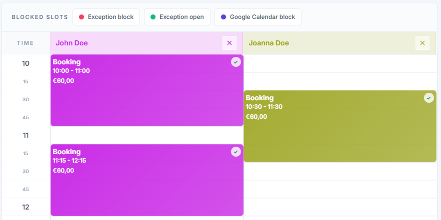 Resevu day calendar with two employees and several bookings